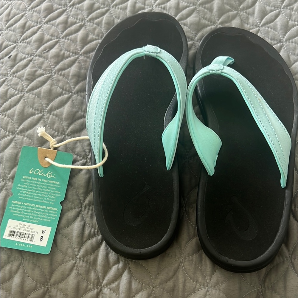 OluKai Blue and Black Sandals Comfortable Flip Flops
